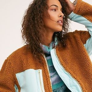 Free People Two-Tone Teddy Jacket in Camel and Light Blue